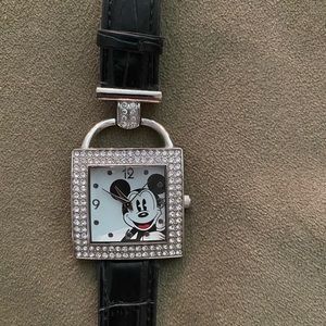 Disney Womens Mickey Mouse Crystal Accented Black Leather Band Watch